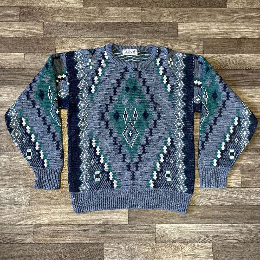 Vintage Acrylic Knit Sweater Men’s Medium Geometric Hipster Made In USA 90s